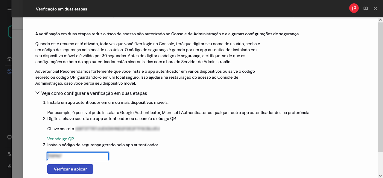 A janela de verificação em duas etapas.