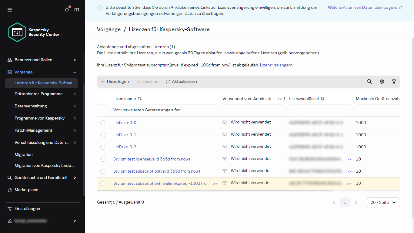 Liste der Lizenzen für Kaspersky-Software.