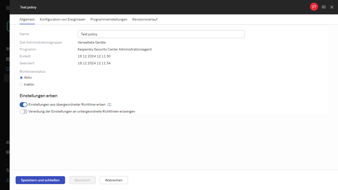 Die Registerkarte "Allgemein" in der Richtlinie "Test".