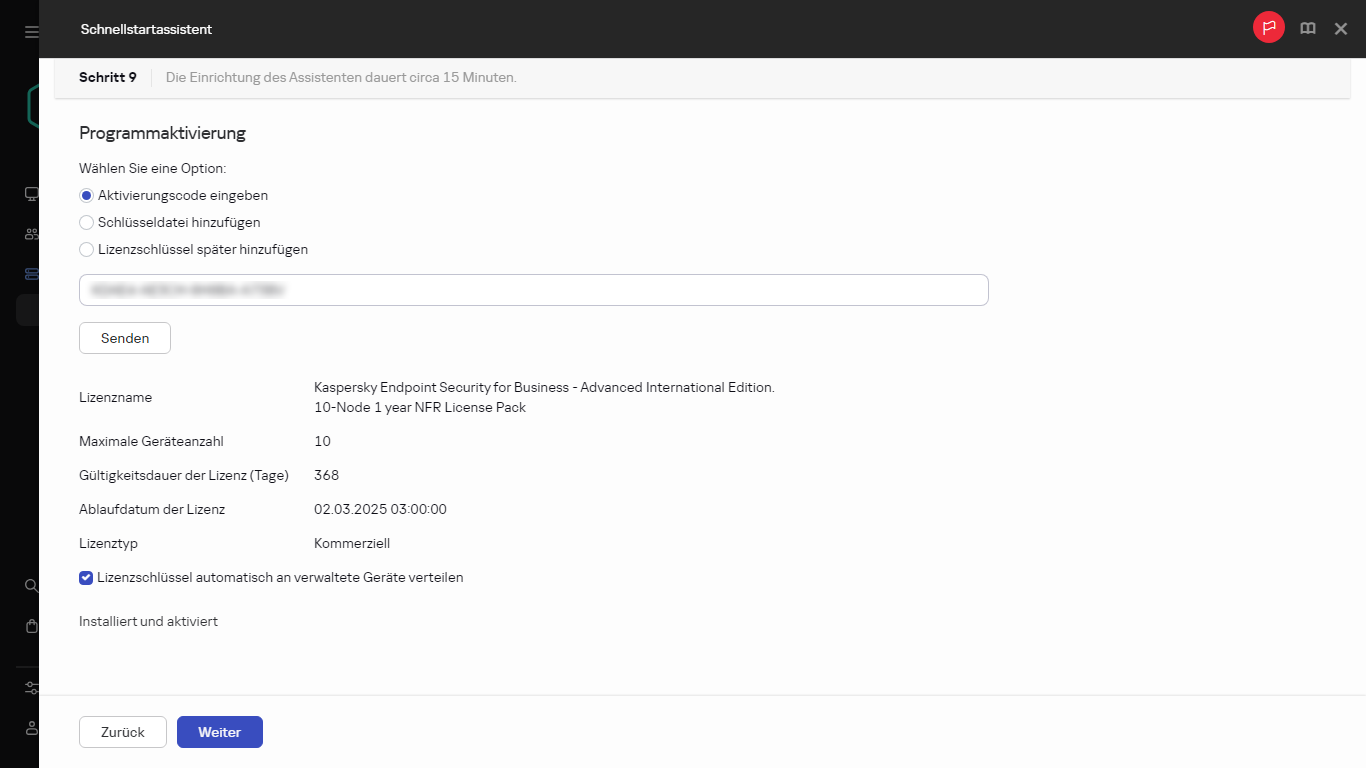 Der Schritt "Programmaktivierung" des Schnellstartassistenten.