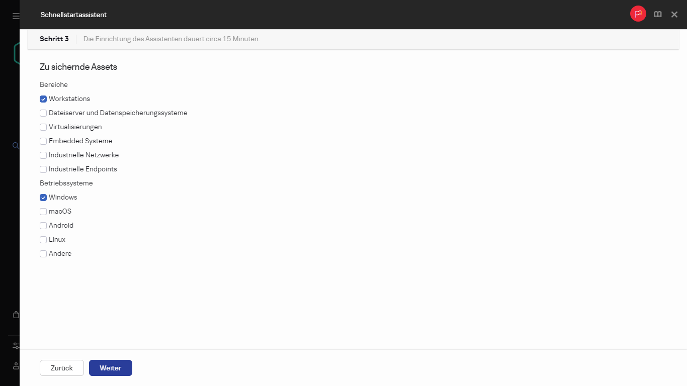 Der Schritt "Zu sichernde Assets" des Schnellstartassistenten.