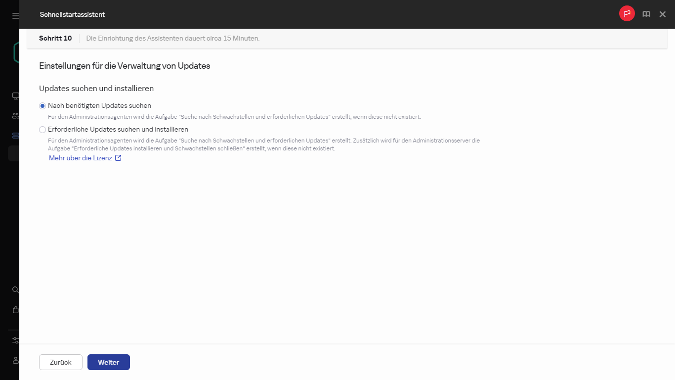 Der Schritt "Update-Verwaltung" des Schnellstartassistenten.