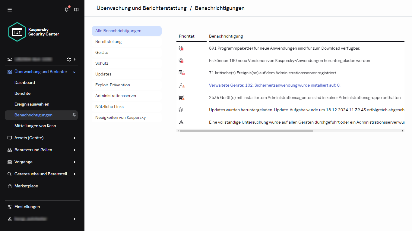 Der Bereich "Benachrichtigungen" des Abschnitts "Überwachung & Berichterstattung".