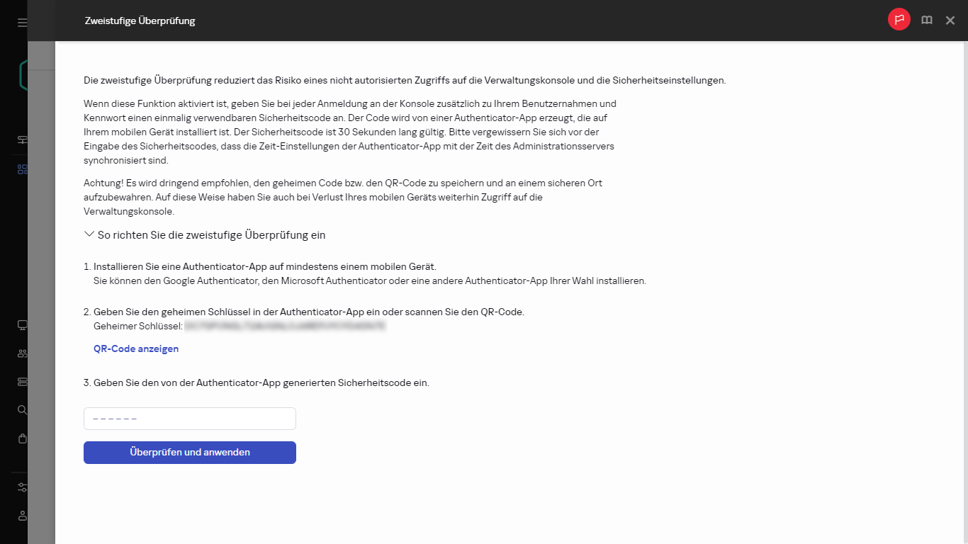 Das Fenster für die zweistufige Überprüfung.