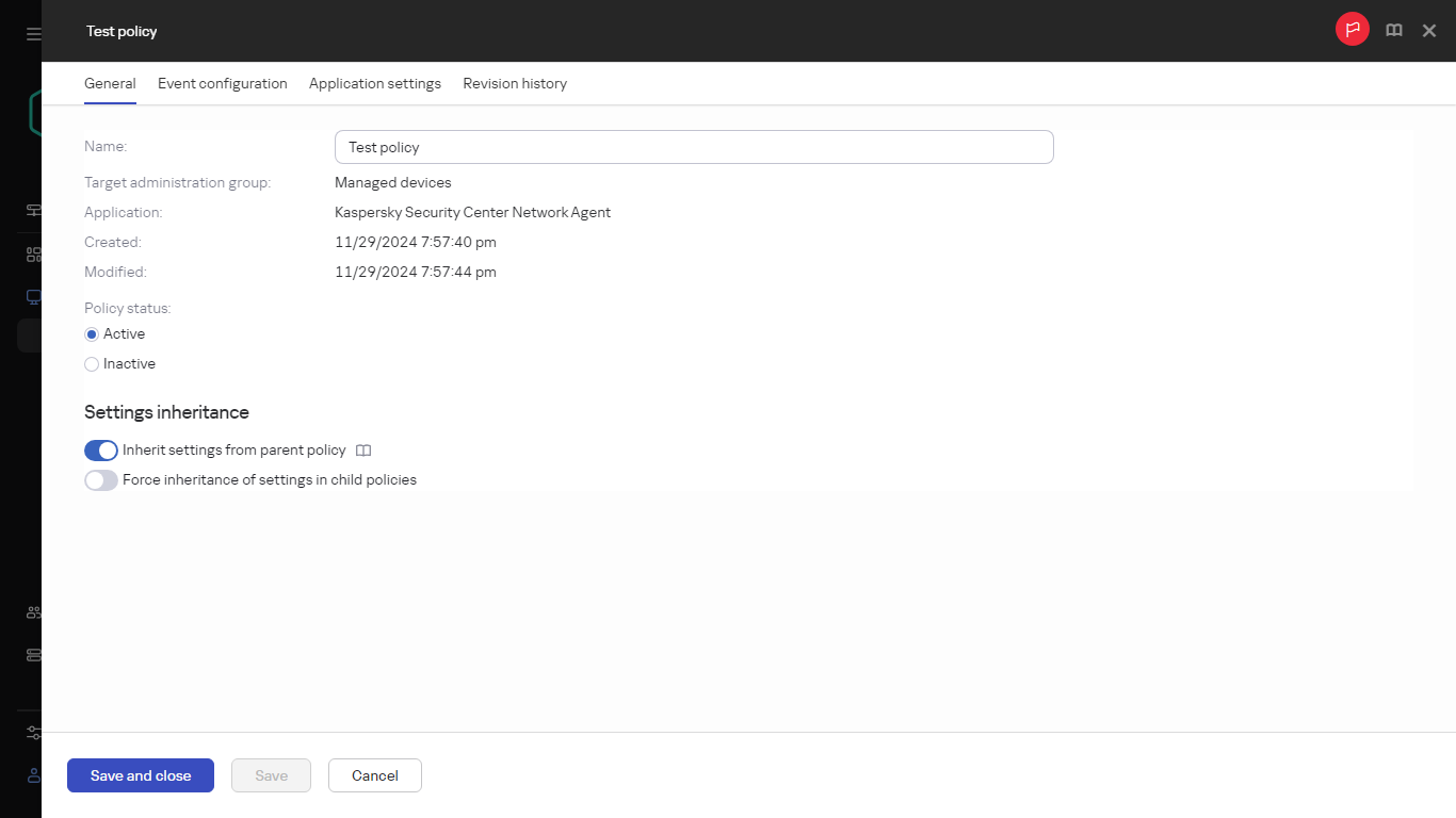 The General tab in Test policy.