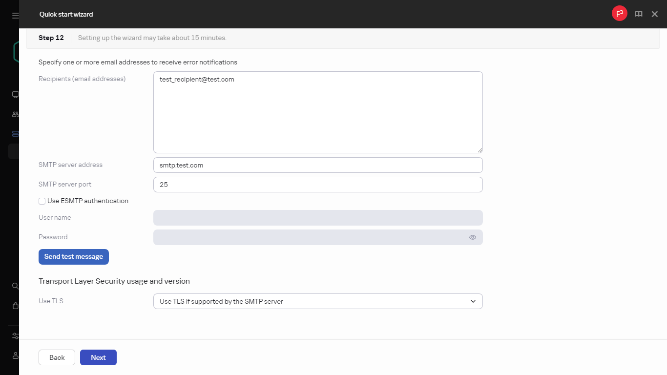 The Email notifications step of Quick start wizard.
