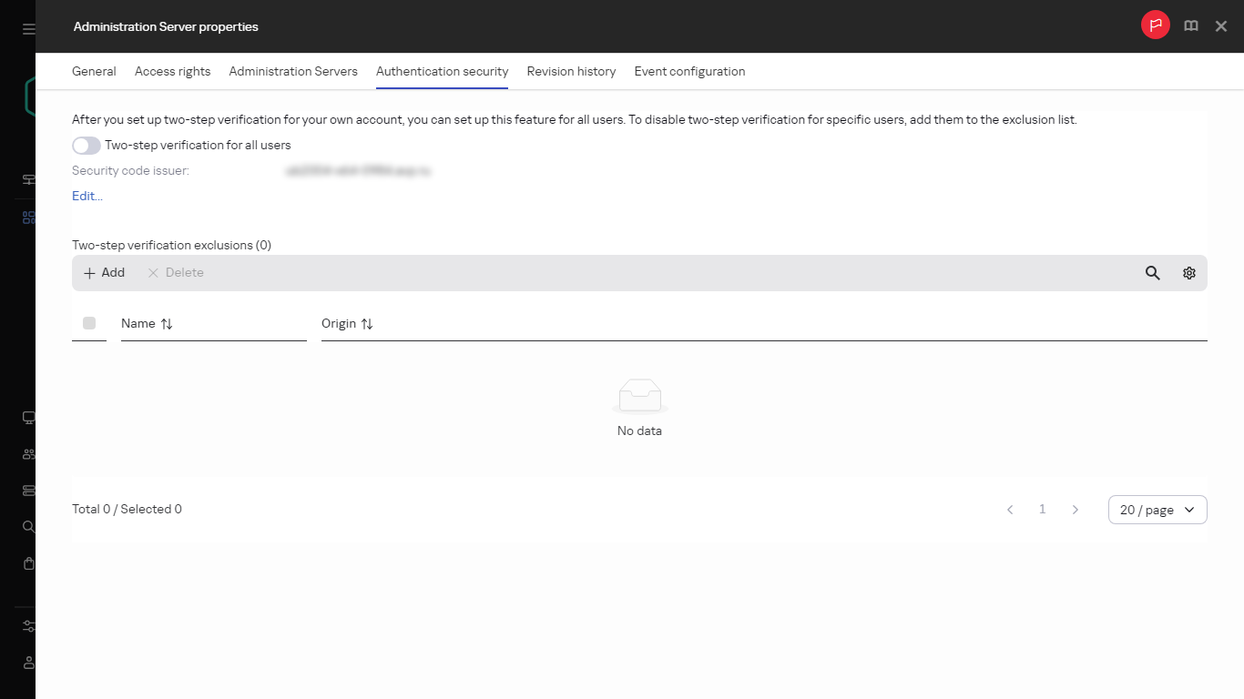 The Authentication security tab in Administration Server properties.