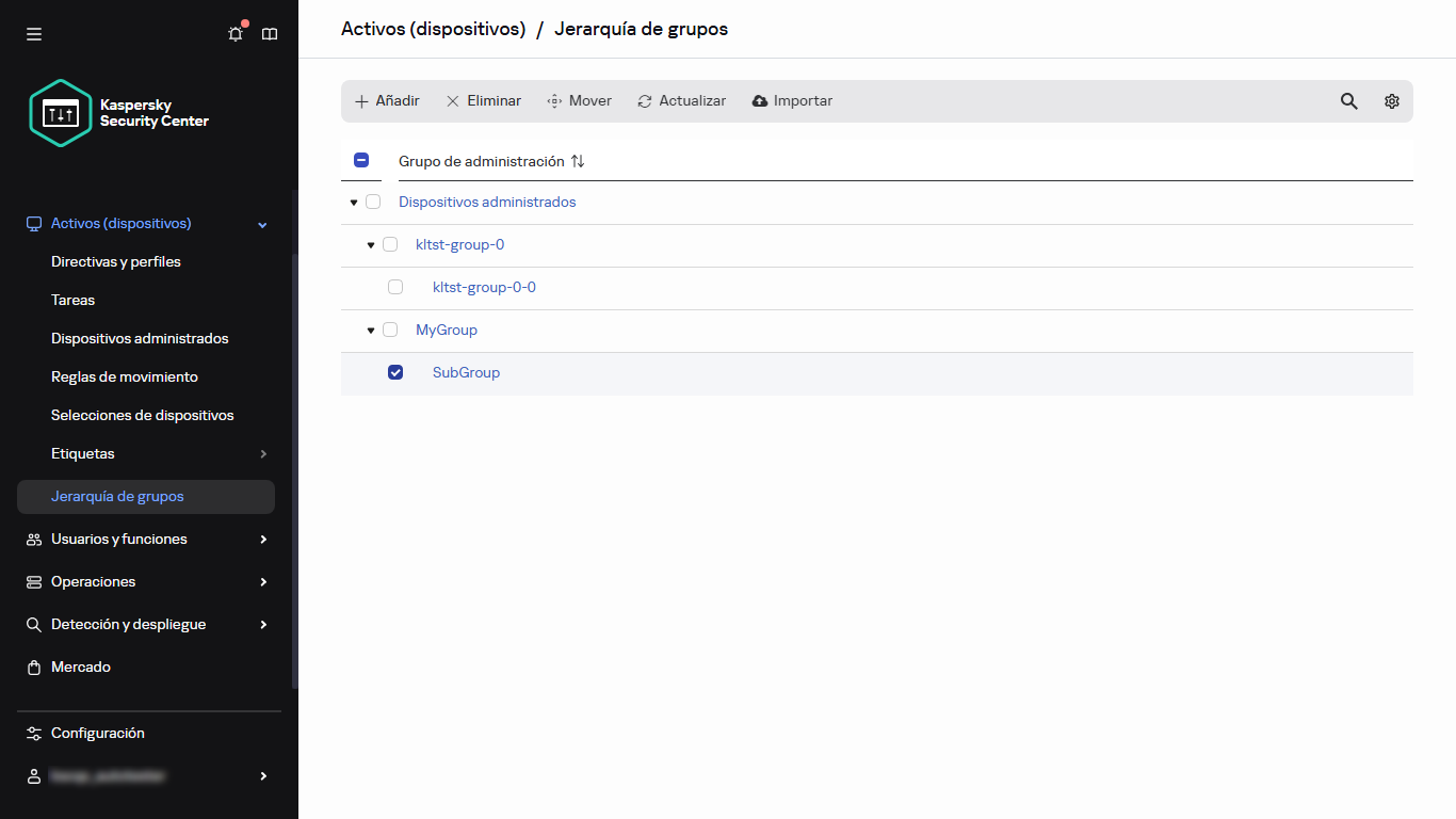 Jerarquía de grupos con subgrupo seleccionado.