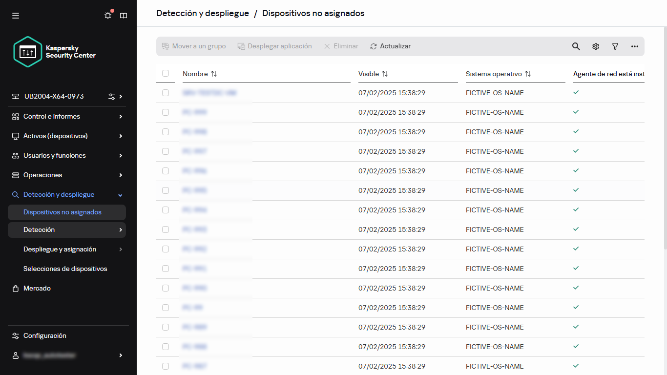 La sección Dispositivos no asignados en Detección y despliegue.