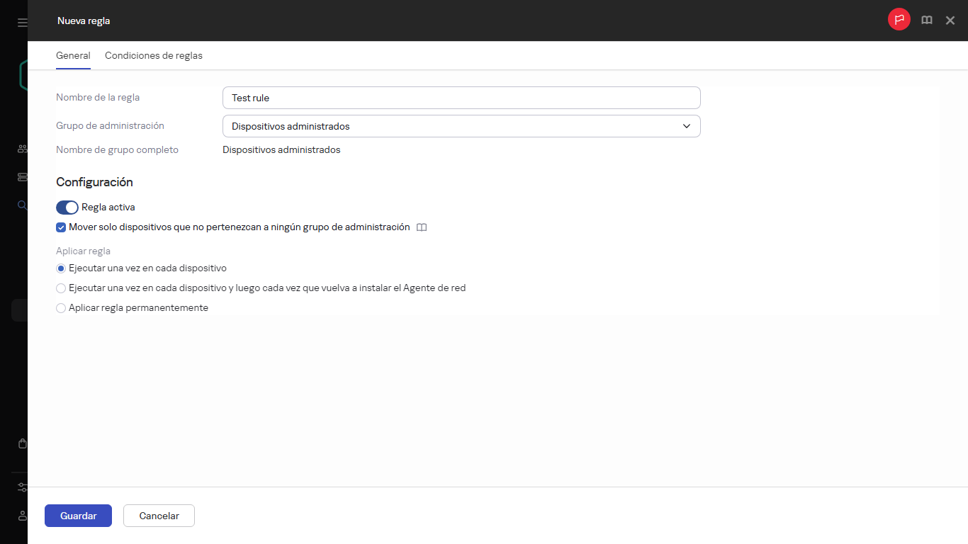 Nueva ventana de creación de reglas.
