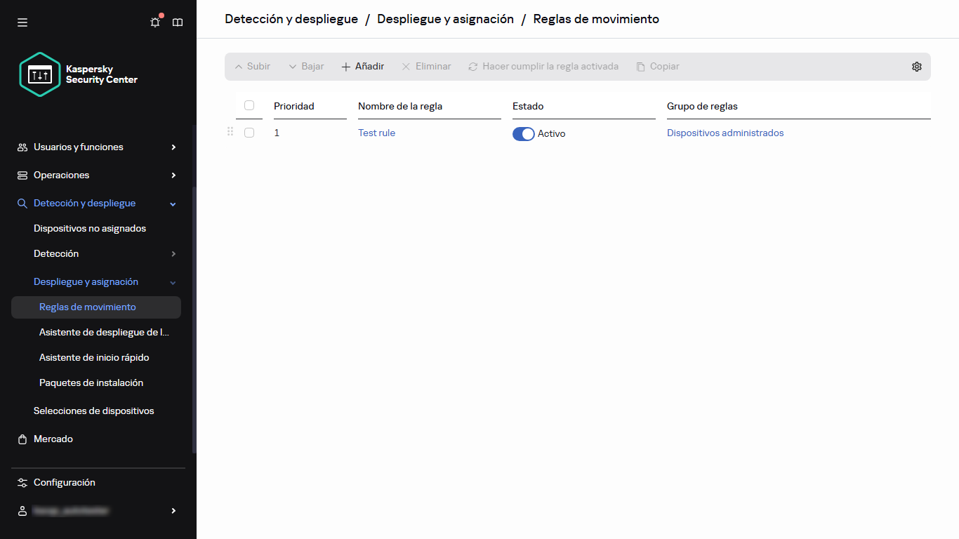 Sección de reglas de movimiento de Kaspersky Security Center.