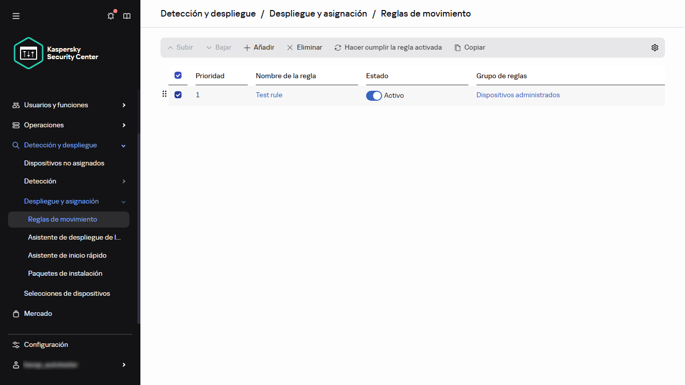 Fila seleccionada en la sección Reglas de movimiento.