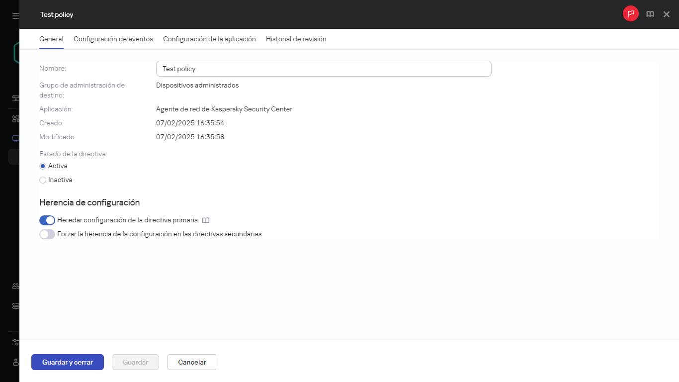 La pestaña General en Directiva de pruebas.