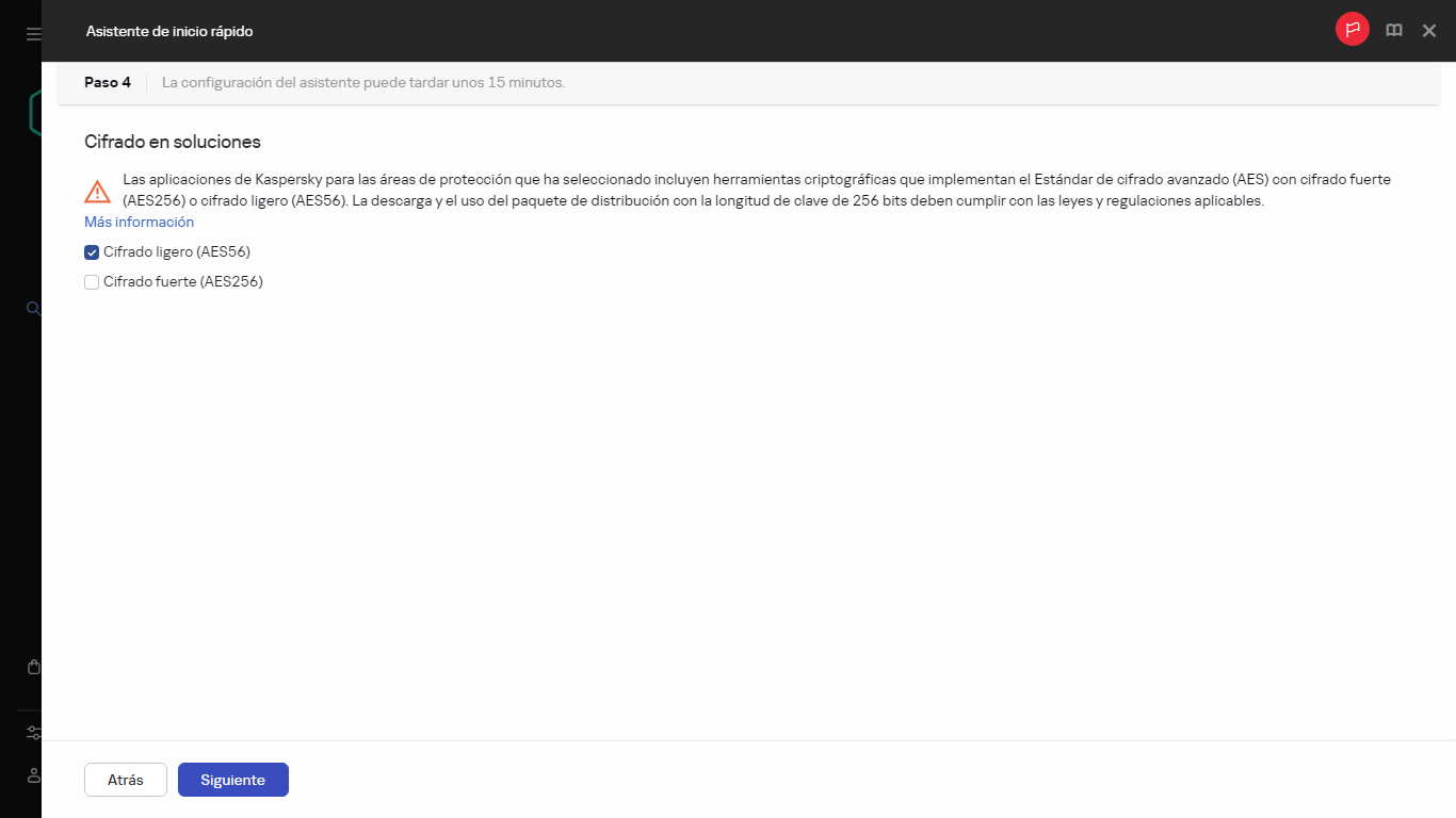 El paso de cifrado en soluciones del Asistente de inicio rápido.