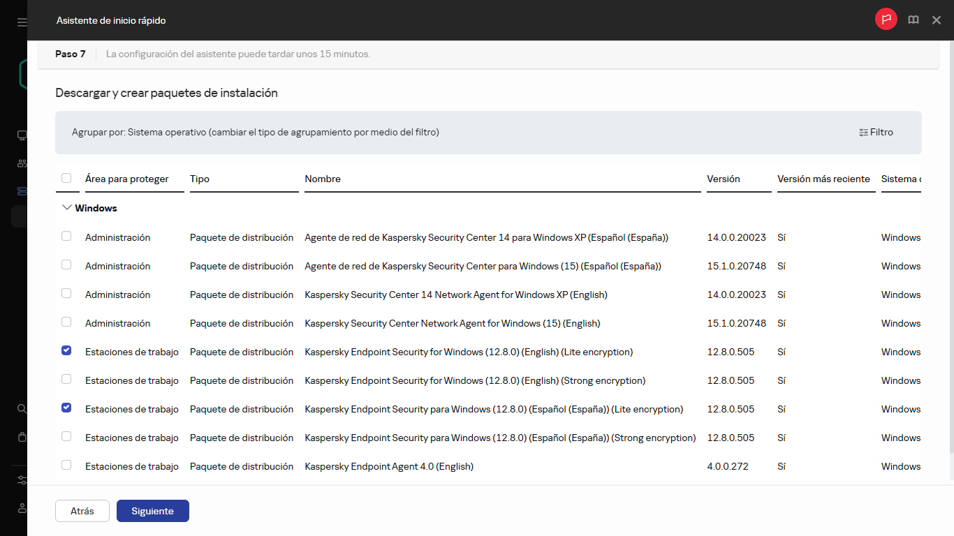 El paso de creación de paquetes de instalación del Asistente de inicio rápido.