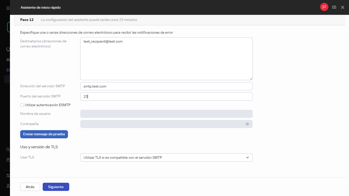 El paso de notificaciones por correo electrónico del Asistente de inicio rápido.