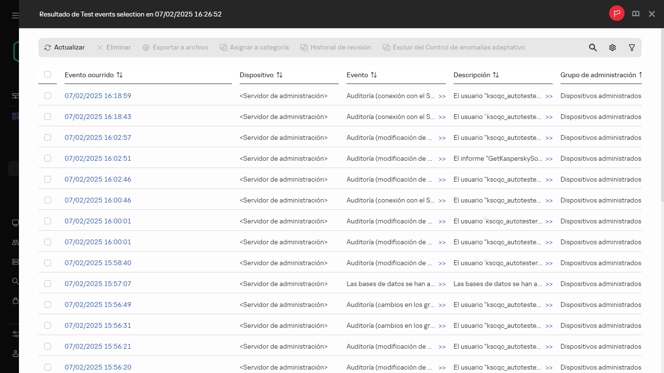 Resultado de la selección de eventos.