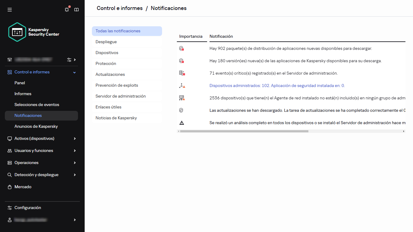 La sección Notificaciones en Control e informes.