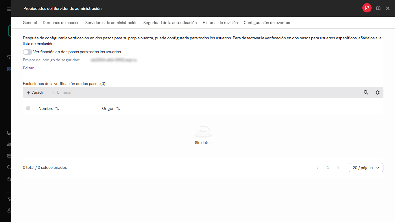 La pestaña Seguridad de la autenticación en las propiedades del Servidor de administración.
