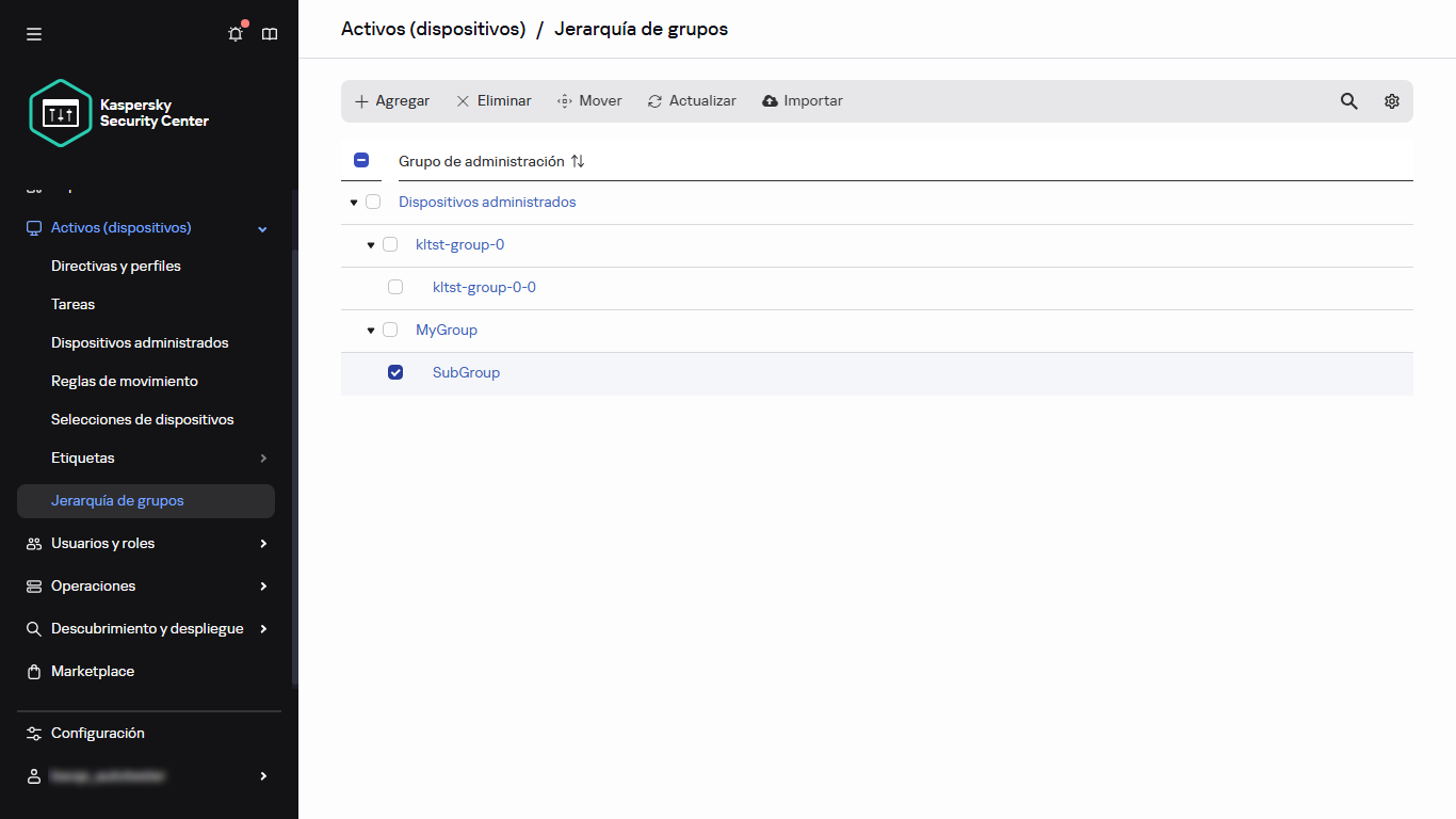 Jerarquía de grupos con subgrupo seleccionado.