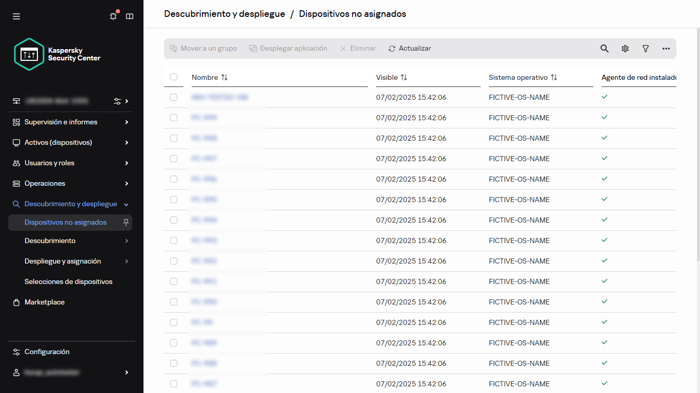 La sección Dispositivos no asignados en Detección y despliegue.