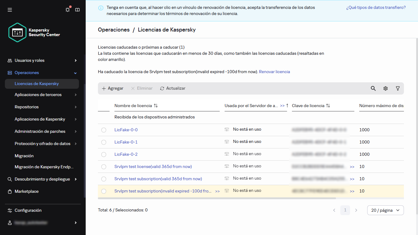 Lista de licencias de Kaspersky.