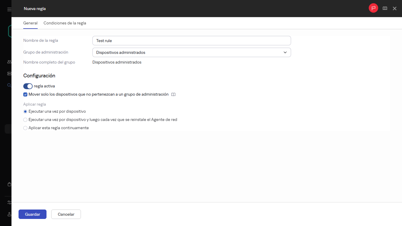 Nueva ventana de creación de reglas.