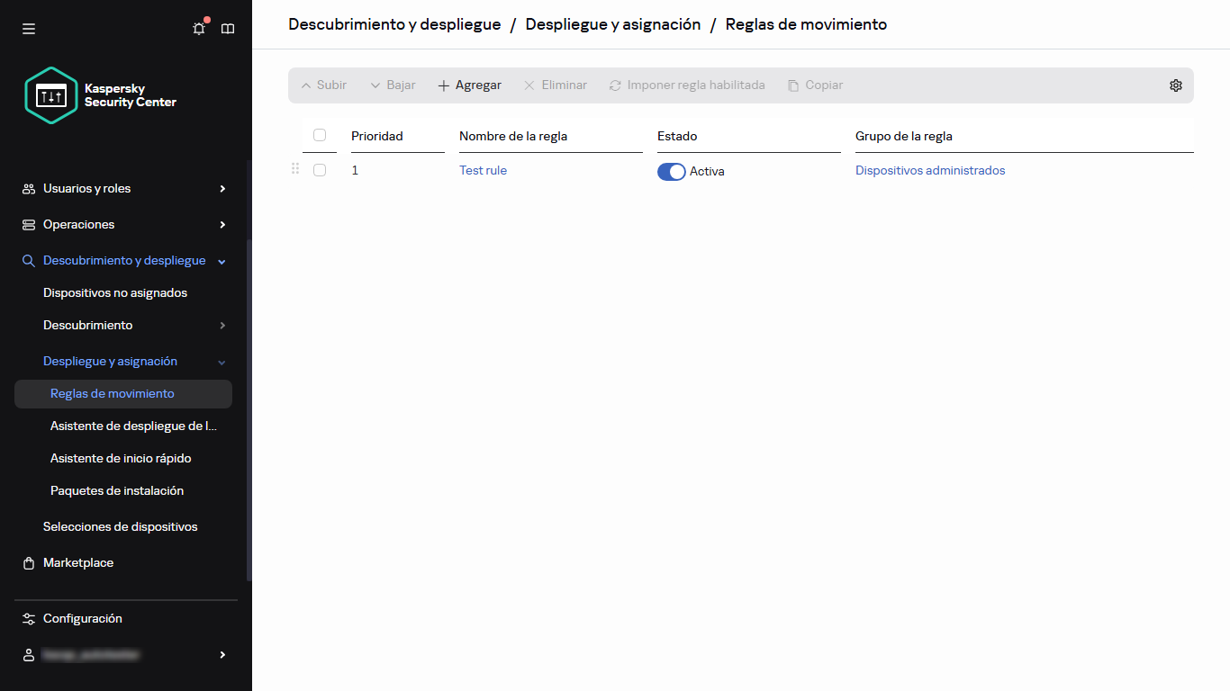 Sección de reglas de movimiento de Kaspersky Security Center.