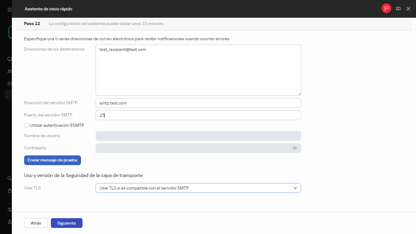Paso de notificaciones por correo electrónico del Asistente de inicio rápido.