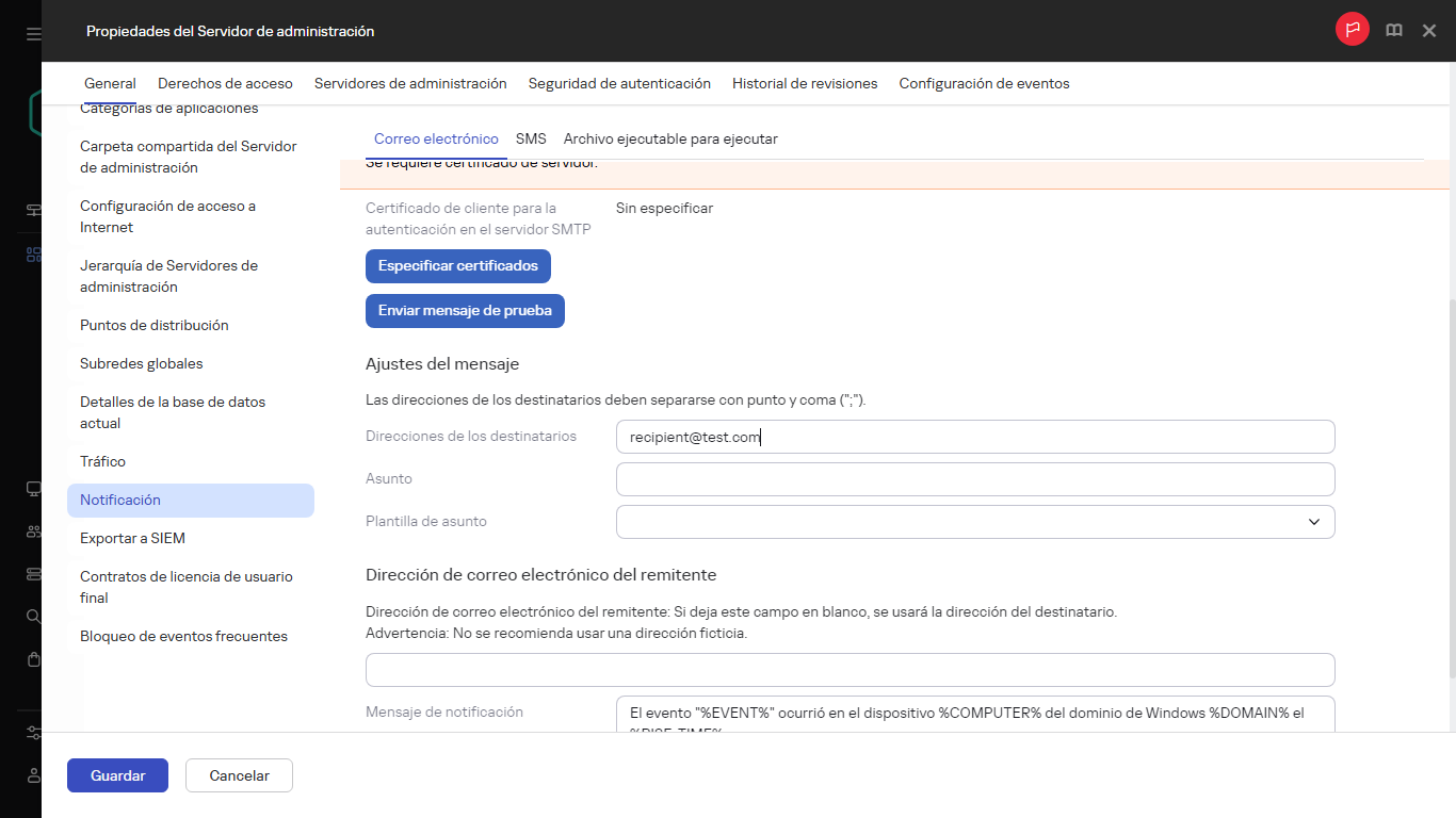 Notificación en la pestaña General de las propiedades del Servidor de administración.