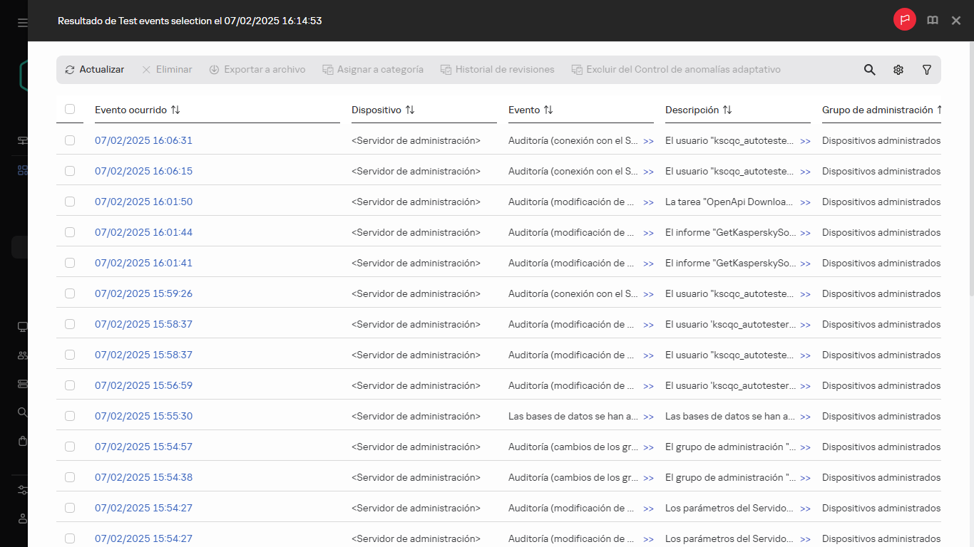 Resultado de la selección de eventos.