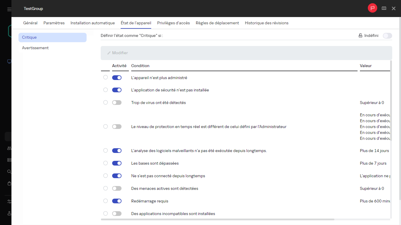 Définition de l'état Critique dans le groupe d'état de l'appareil.