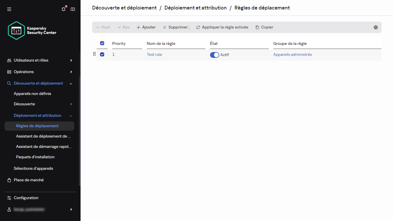 La ligne sélectionnée dans la section Règles de déplacement.