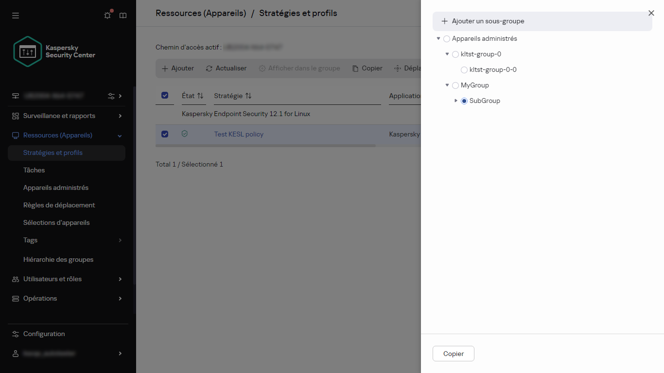 Sélectionnez le groupe pour copier le panneau de la stratégie.