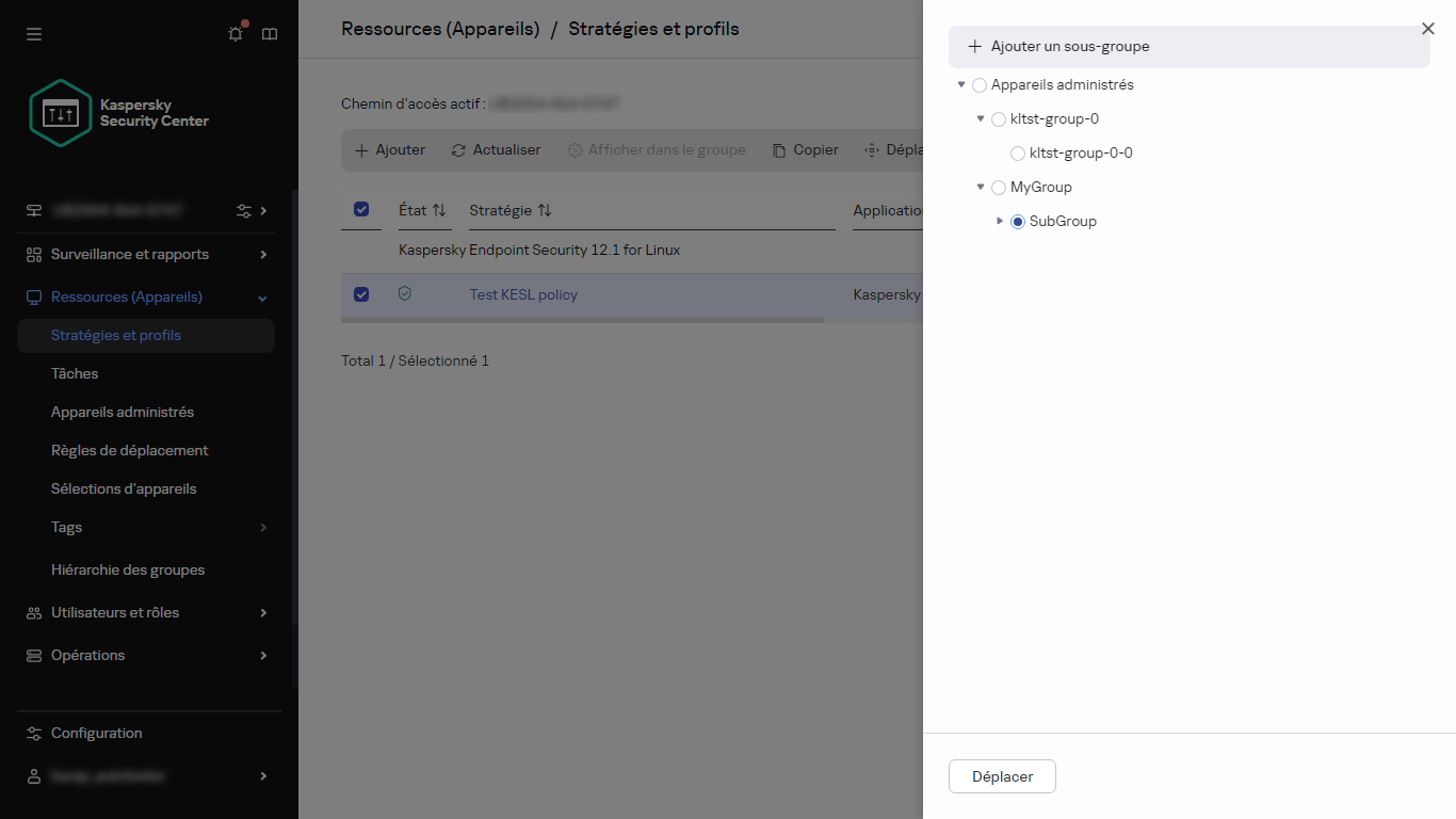 Sélectionnez le groupe pour déplacer la boîte de dialogue de la stratégie.