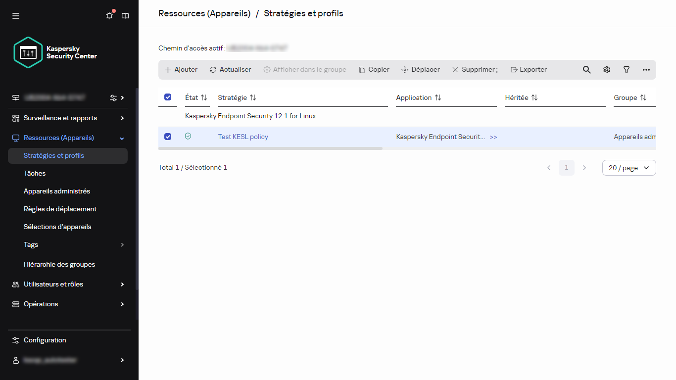 Fenêtre Stratégies et profils contenant la stratégie sélectionnée.