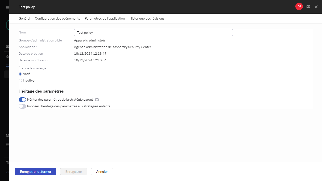 L'onglet Général dans la stratégie Test.