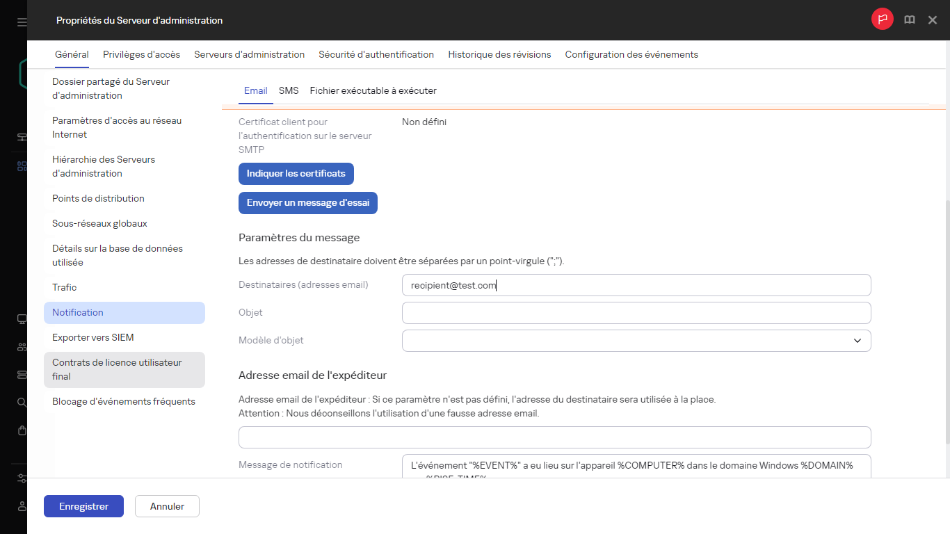 Notification dans l'onglet Général des propriétés du Serveur d'administration.