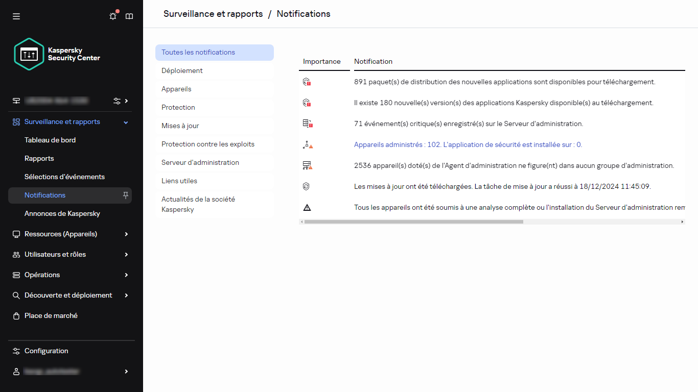 La section Notifications dans Surveillance & rapports.