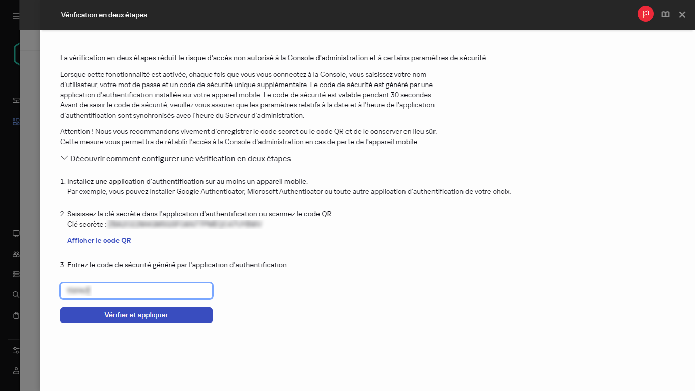 La fenêtre de vérification en deux étapes.