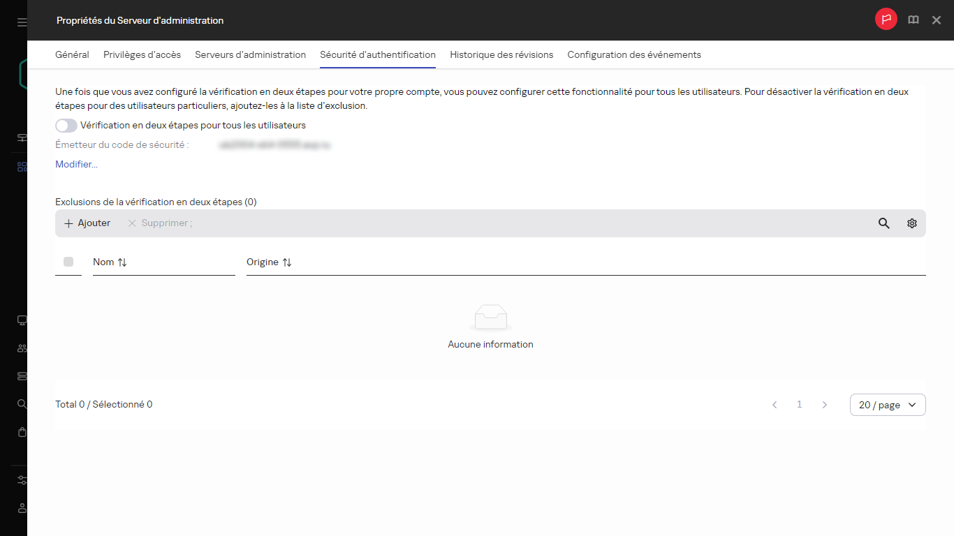 L'onglet Sécurité d'authentification dans les propriétés du Serveur d'administration.