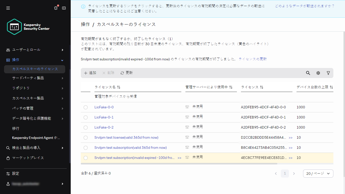 カスペルスキーのライセンスのリスト。
