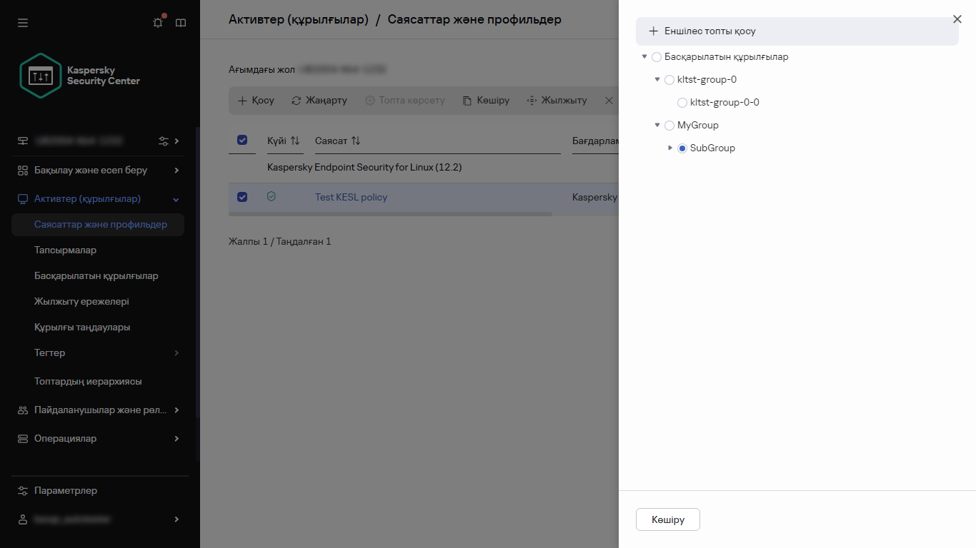 Саясатты көшіру тобын таңдау панелі.