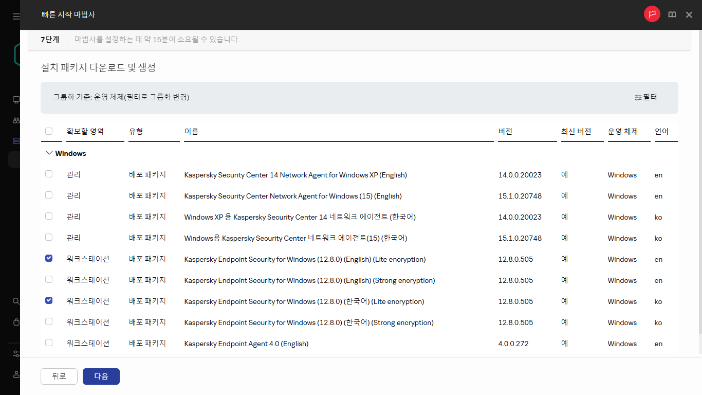 빠른 시작 마법사의 설치 패키지 생성 단계입니다.