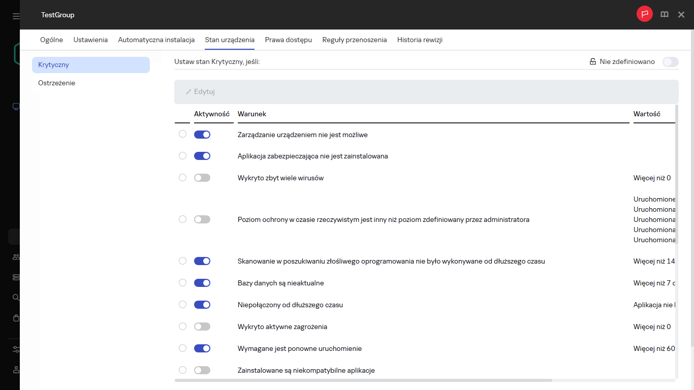 Ustawianie stanu Krytycznego w grupie stan urządzenia.