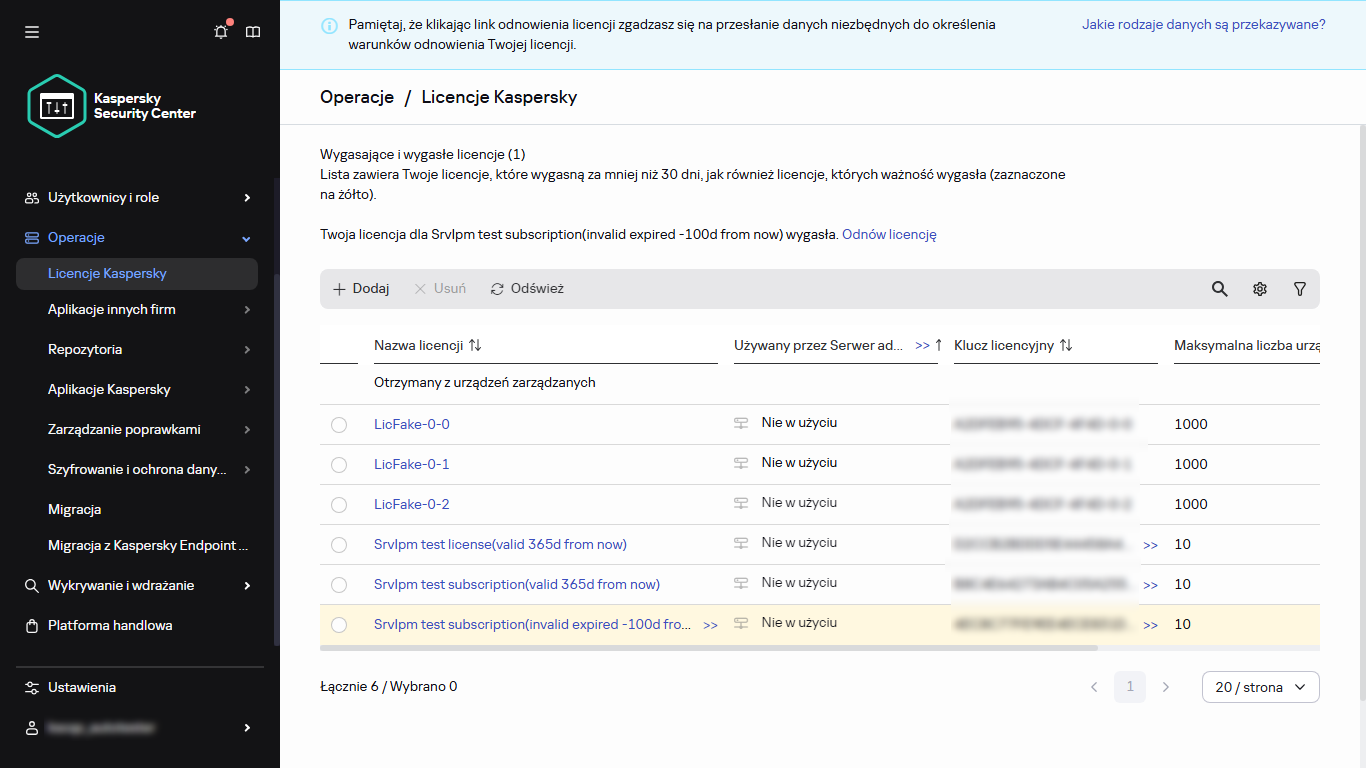Lista licencji Kaspersky.