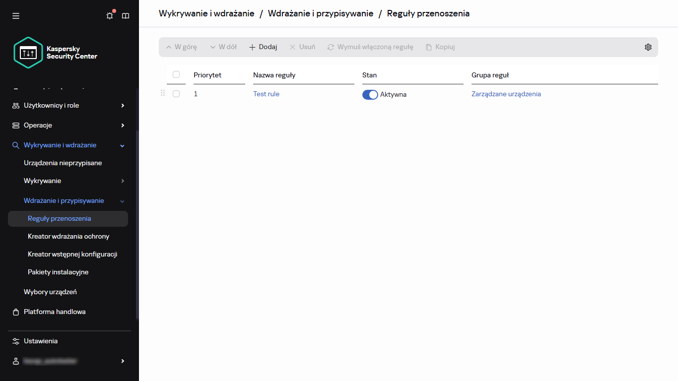 Sekcja dotycząca reguł przenoszenia w Kaspersky Security Center.