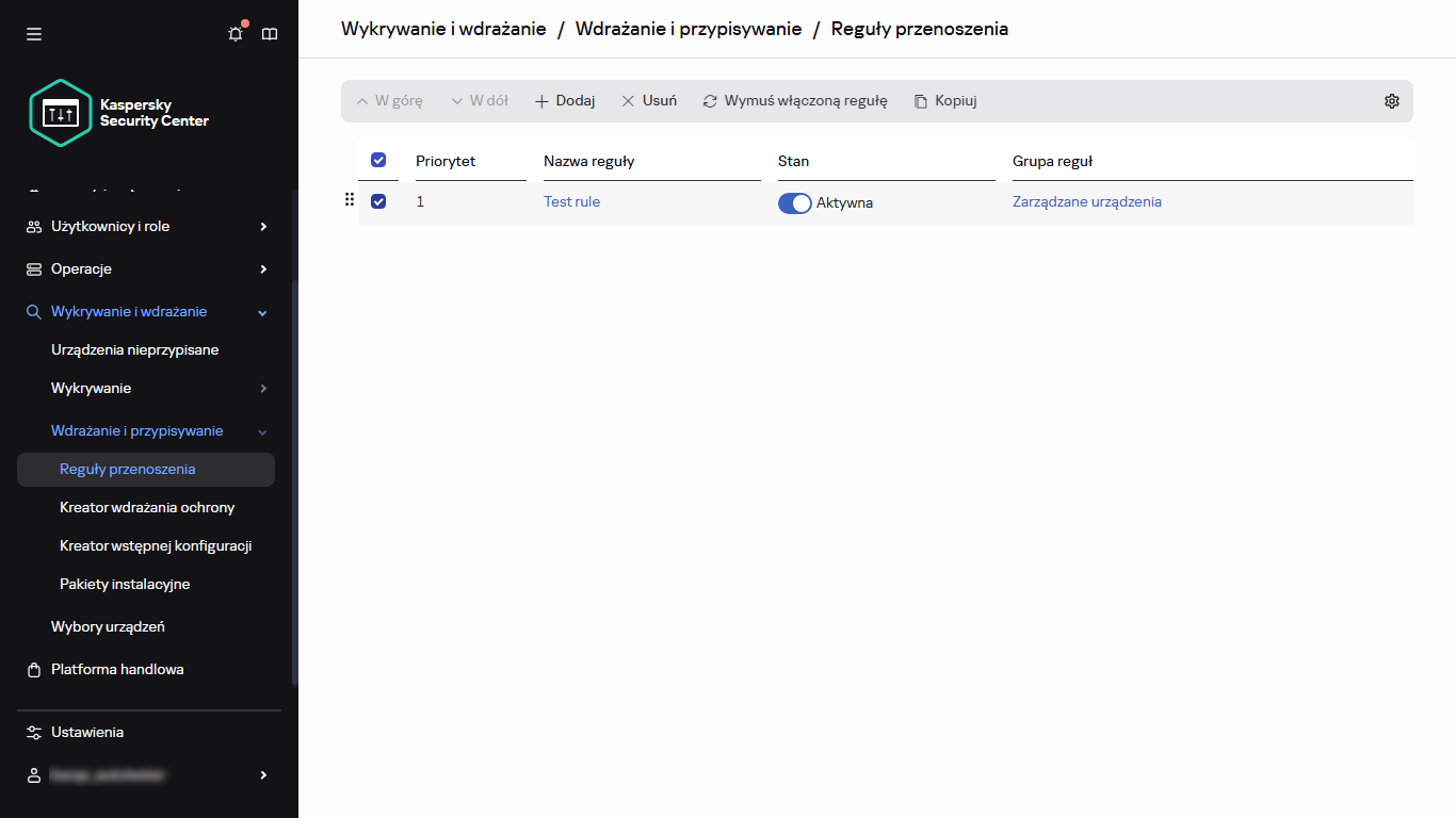 Wybrany wiersz w sekcji Reguły przenoszenia.