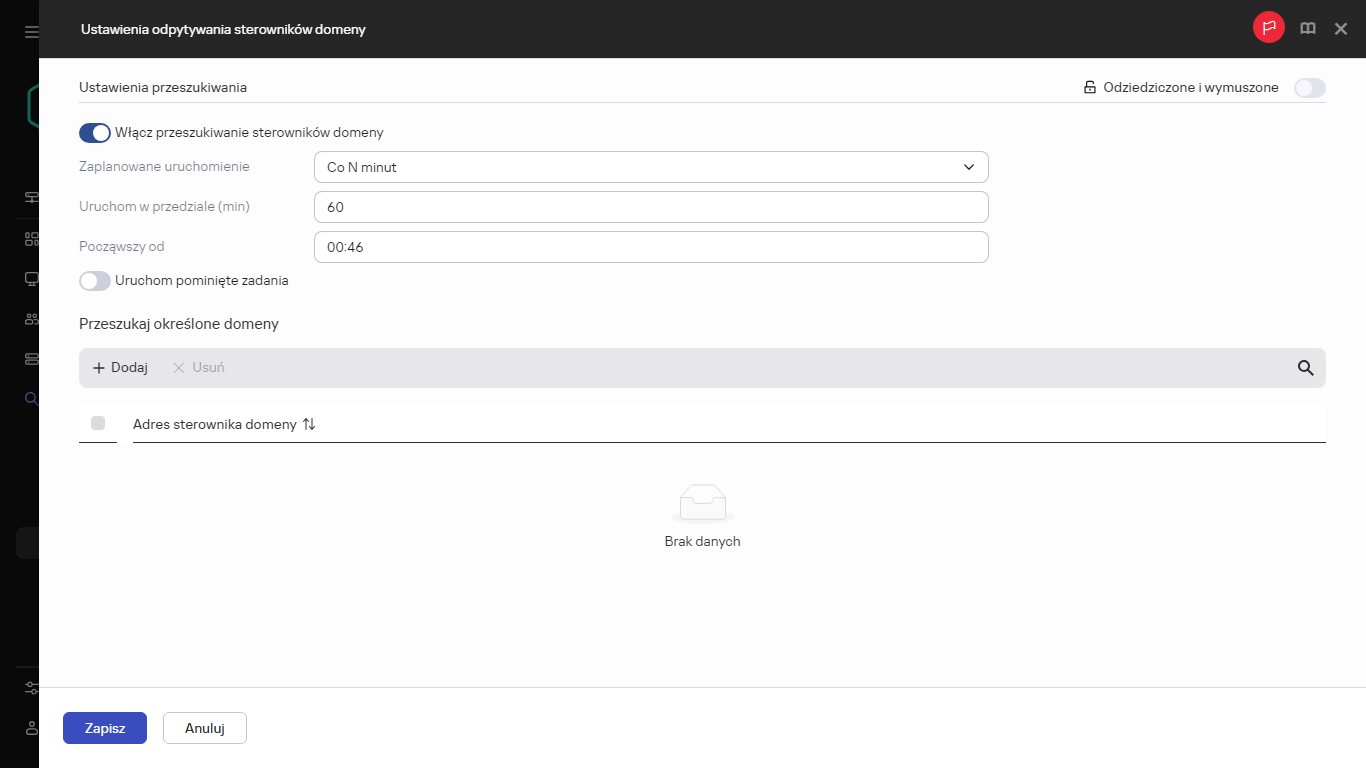 Ustawienia przeszukiwania kontrolera domeny.