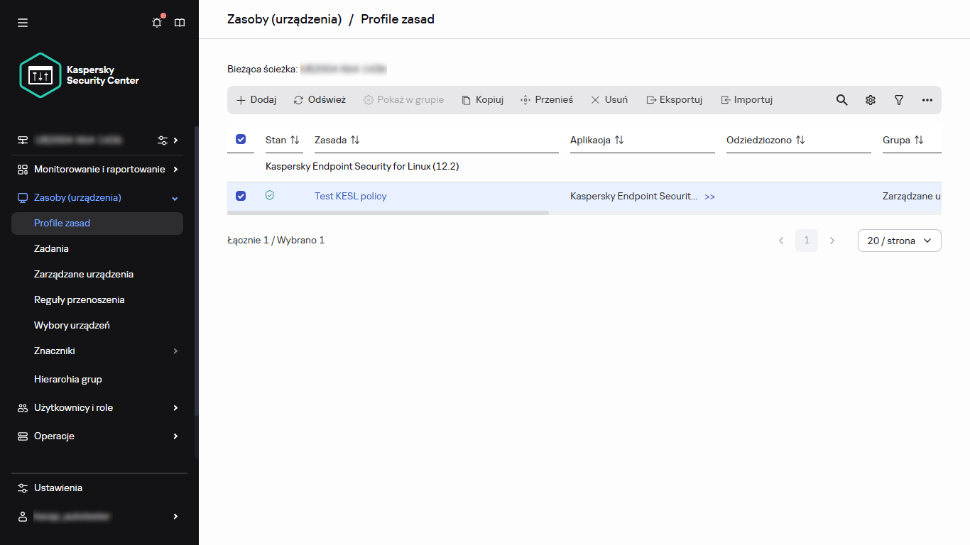 Zasady i profile: zasady z zaznaczonym polem wyboru.